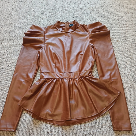 Brown Faux Leather Top with Puff Sleeves - Picture 7 of 15